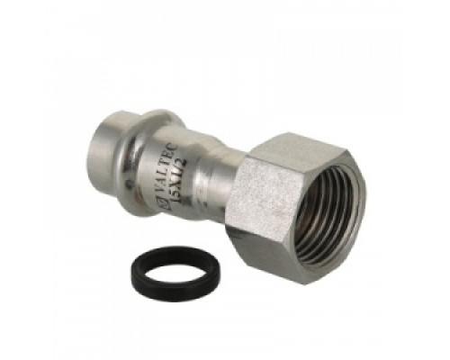 Соединитель нерж.сталь под пресс и с накидной гайкой D 12 х g 1/2" VALTEC, PN16, Tmax=120 °C, для соединения тонкостенной стальной трубы с резьбовым элементом монтируемой системы