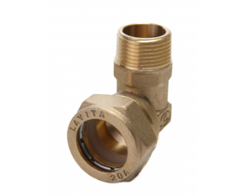 Угольник латунный Ø 20 мм c переходом на НР G 3/4" LAVITA (Корея), PN15, Tmax=110 °C для соединения гофр. трубы из нерж. стали