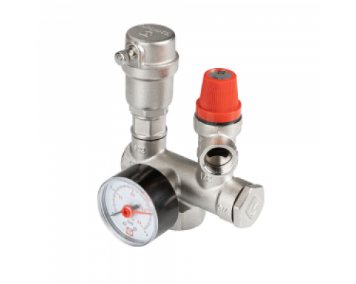 Группа безопасности котла VALTEC 1", до 44 кВт, 3 бар, манометр 0-4 бар, консоль - латунь никелированная