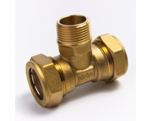 Тройник латунный Ø 20 мм c переходом на НР G 3/4" LAVITA (Корея), PN15, Tmax=110 °C для соединения гофр. трубы из нерж. стали